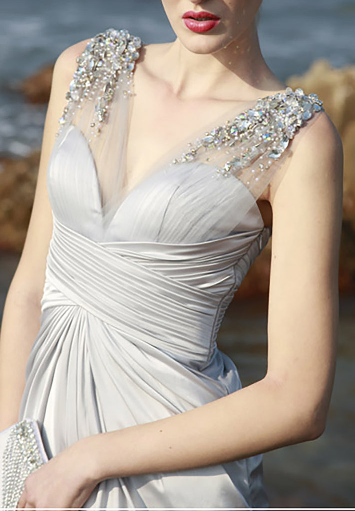 Silver Sweetheart Diamond Pleated Evening Dress (80602) - weddingdress-elliotclairelondon