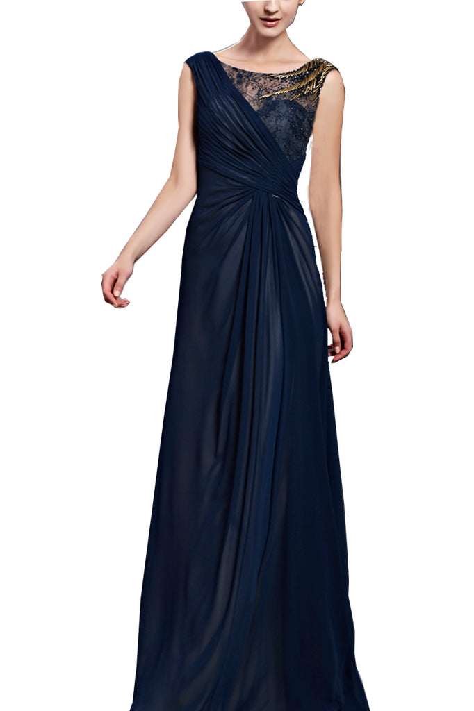 Sleeveless Midnight Blue Chiffon Evening Dress with Lace  (30106) - weddingdress-elliotclairelondon