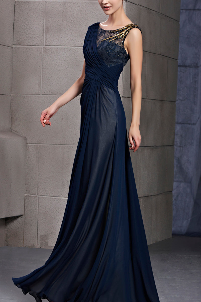 Sleeveless Midnight Blue Chiffon Evening Dress with Lace (30106)
