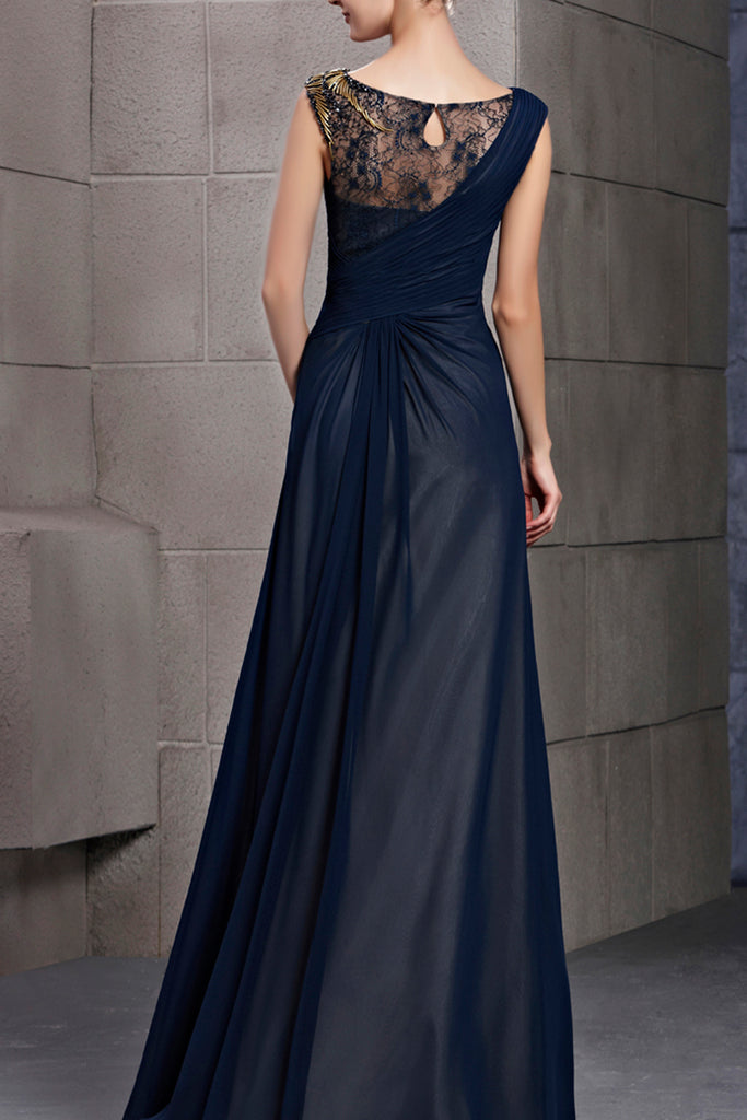 Sleeveless Midnight Blue Chiffon Evening Dress with Lace (30106 ...