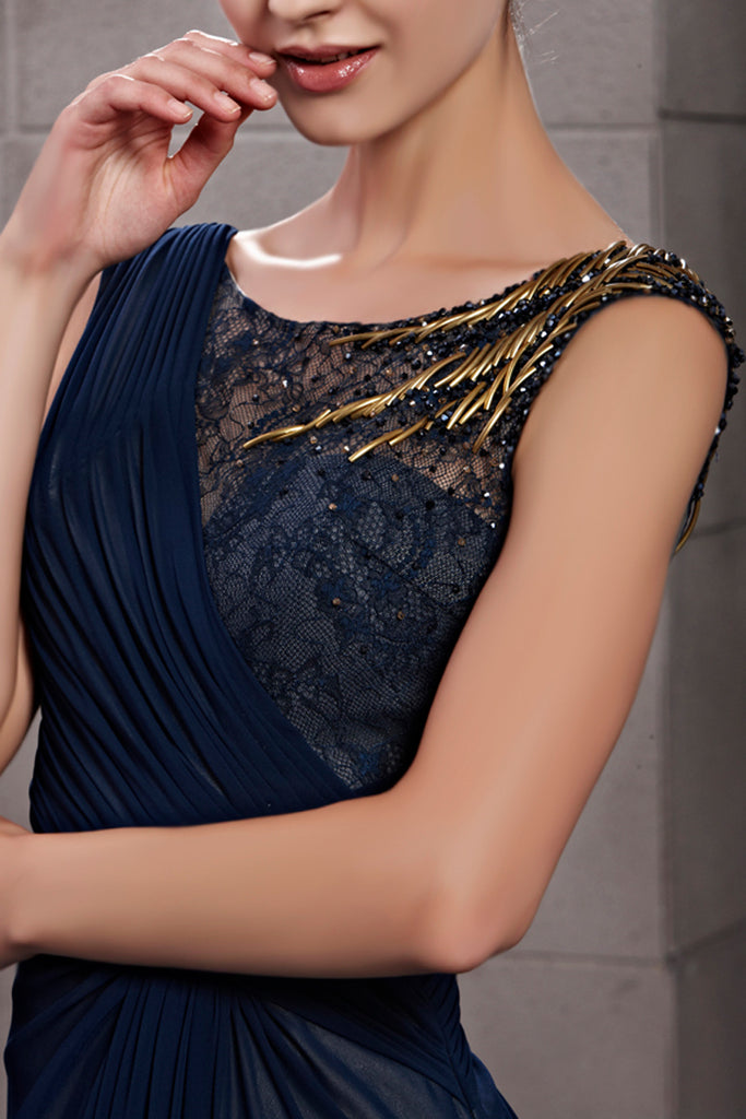 Sleeveless Midnight Blue Chiffon Evening Dress with Lace  (30106) - weddingdress-elliotclairelondon