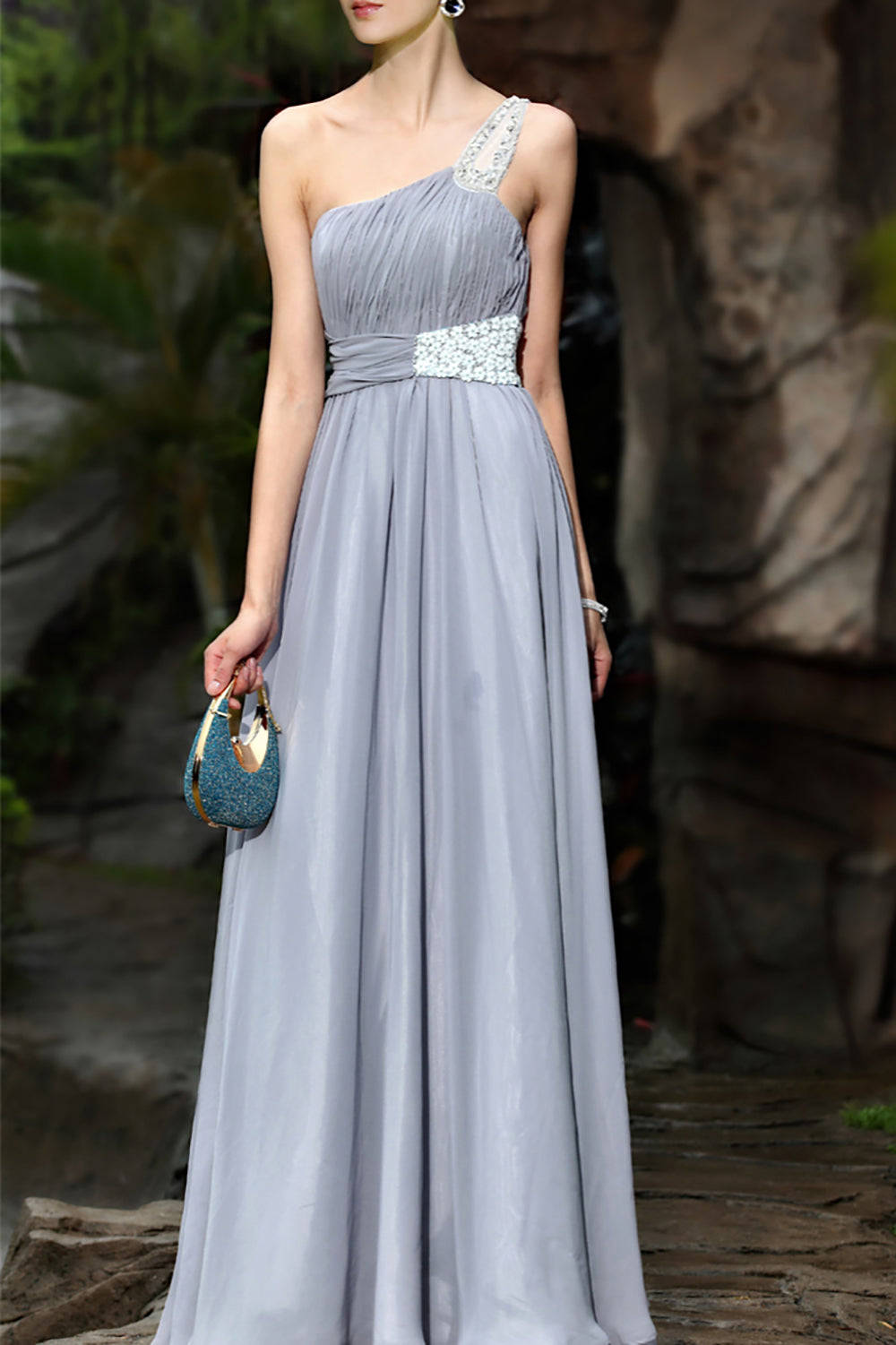 Grey Chiffon Embellished One Shoulder Evening Dress (30358) Grey Chiffon Embellished One Shoulder Evening Dress (30358)