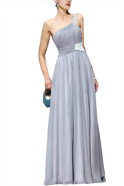 Grey Chiffon Embellished One Shoulder Evening Dress (30358) - weddingdress-elliotclairelondon