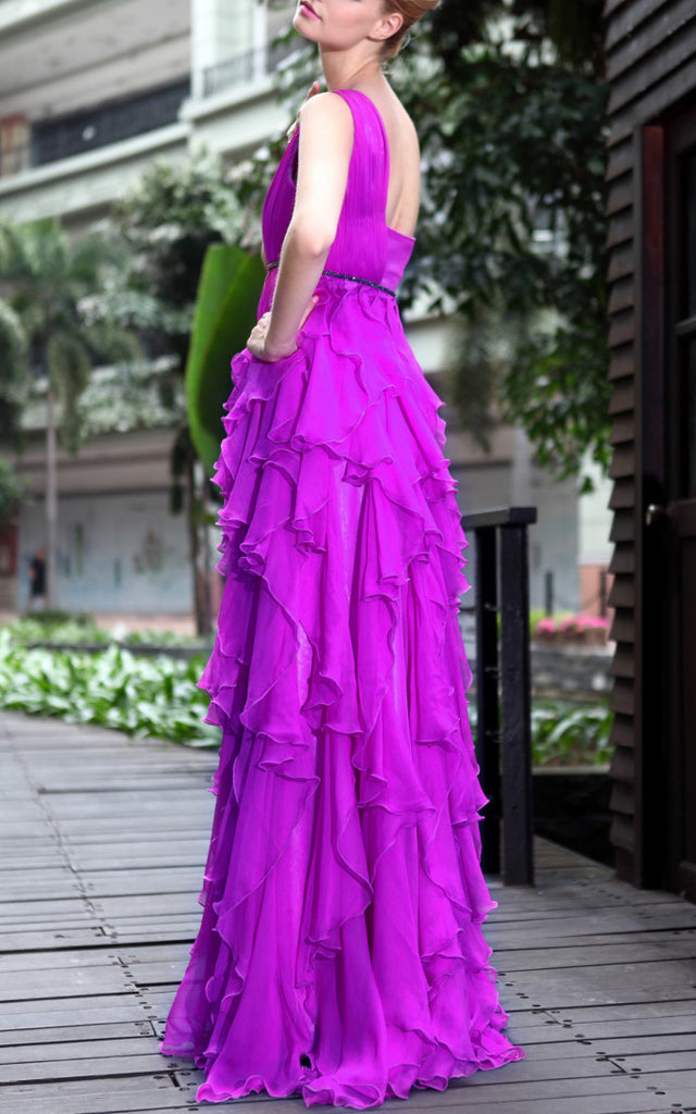 Purple Embellished Evening Dress with Ruffles  (30538) - weddingdress-elliotclairelondon