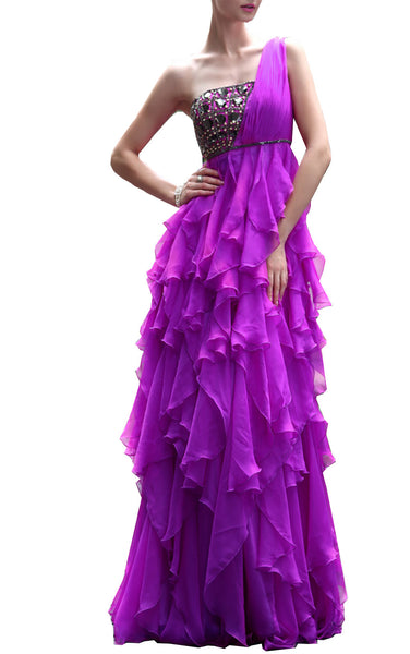 Purple Embellished Evening Dress with Ruffles  (30538) - weddingdress-elliotclairelondon