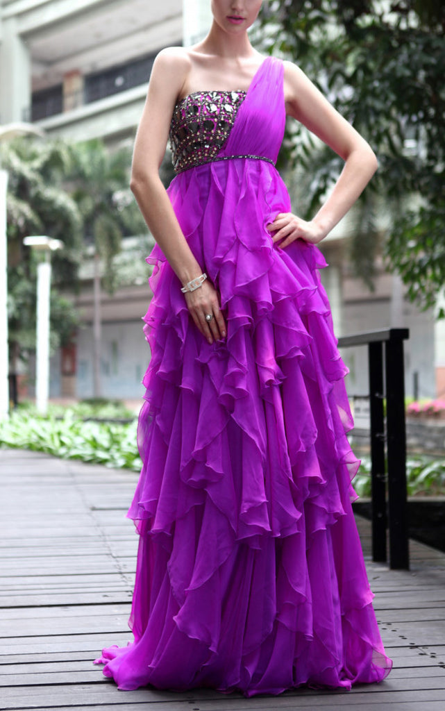 Purple Embellished Evening Dress with Ruffles  (30538) - weddingdress-elliotclairelondon