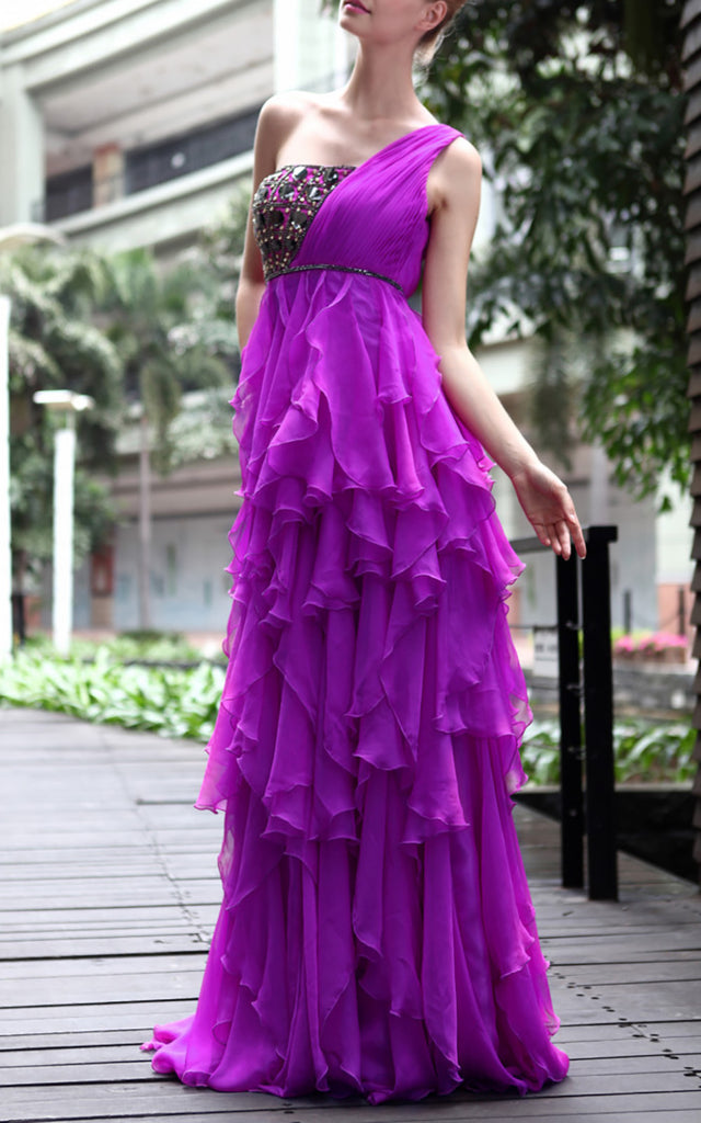 Purple Embellished Evening Dress with Ruffles  (30538) - weddingdress-elliotclairelondon