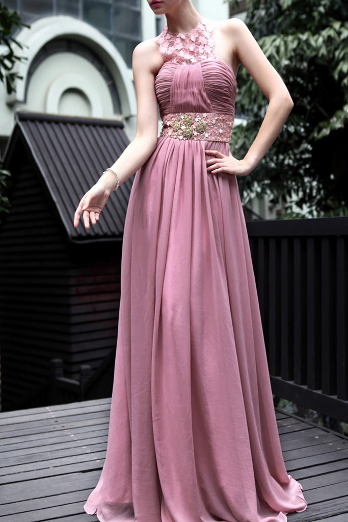 Elliot Claire Halter Pink Bridesmaid Dress with Jewels  (30542) - weddingdress-elliotclairelondon
