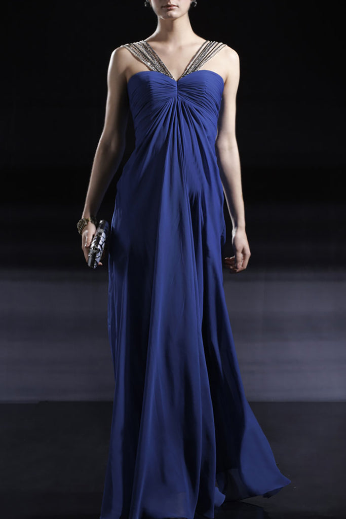 Persian Blue Beaded V Neck Evening Dress  (56620) - weddingdress-elliotclairelondon