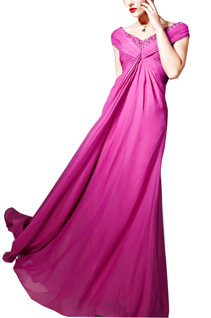 Magenta Ruched Evening Dress with Beaded Bodice  (56808) - weddingdress-elliotclairelondon