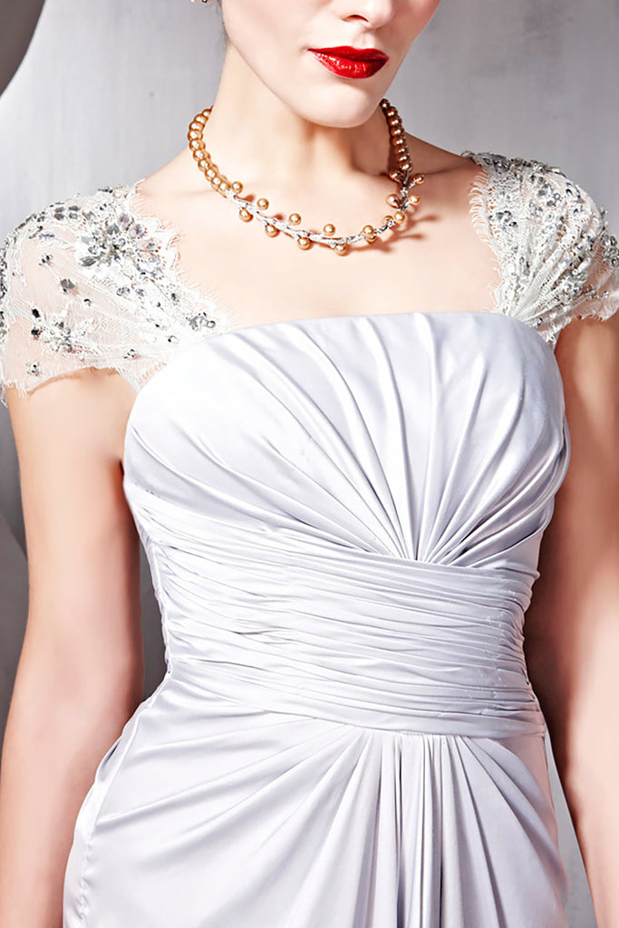 Silver Fan Embellished Cap Sleeved Lace Evening Dress  (56833) - weddingdress-elliotclairelondon