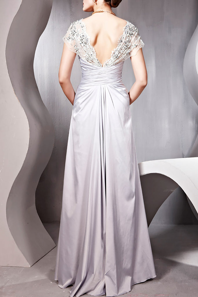 Silver Fan Embellished Cap Sleeved Lace Evening Dress  (56833) - weddingdress-elliotclairelondon
