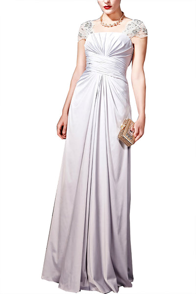 Silver Fan Embellished Cap Sleeved Lace Evening Dress  (56833) - weddingdress-elliotclairelondon