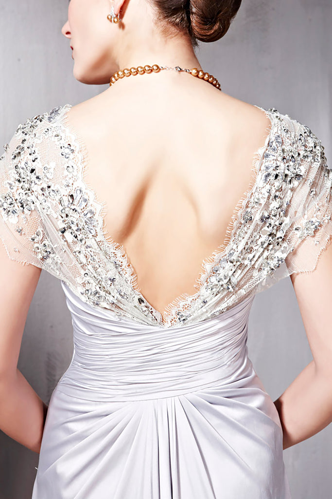 Silver Fan Embellished Cap Sleeved Lace Evening Dress  (56833) - weddingdress-elliotclairelondon