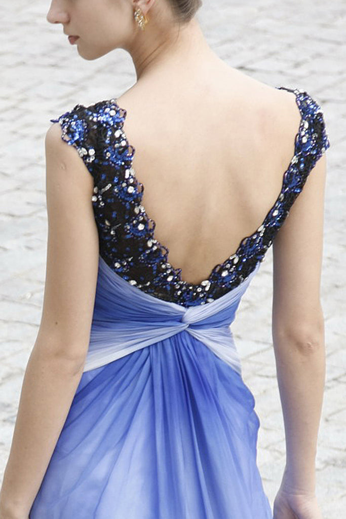 Blue V Neck Floor Length Evening Dress with Beading  (80320) - weddingdress-elliotclairelondon