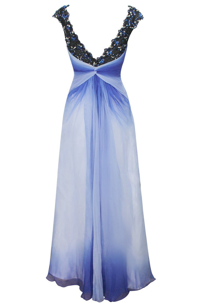 Elliot Claire Blue V Neck Floor Length Evening Dress with Beading