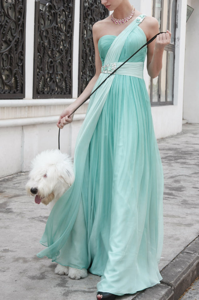 One Shoulder Teal A Line Evening Wedding Dress  (80339) - weddingdress-elliotclairelondon