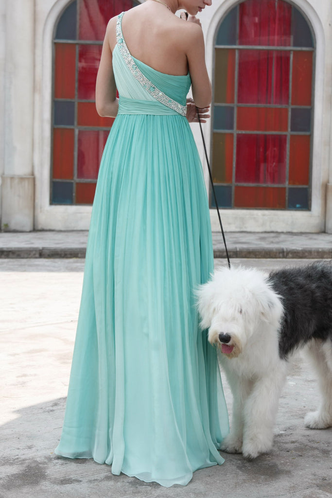 One Shoulder Teal A Line Evening Wedding Dress  (80339) - weddingdress-elliotclairelondon