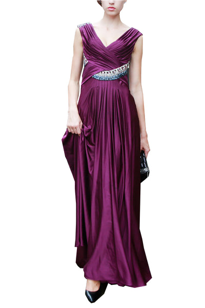 Purple Pleated V Neck Evening Dress with Jeweled Belt  (80512) - weddingdress-elliotclairelondon