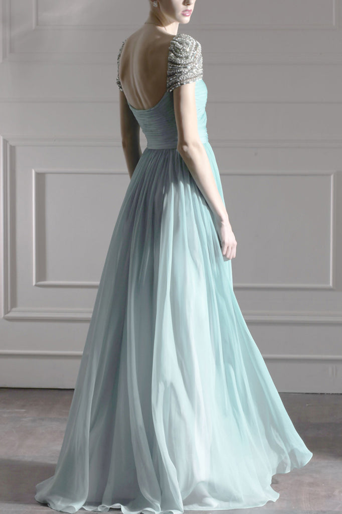 Teal Chiffon Grecian Evening Dress With Silver Jewels (80951) - weddingdress-elliotclairelondon
