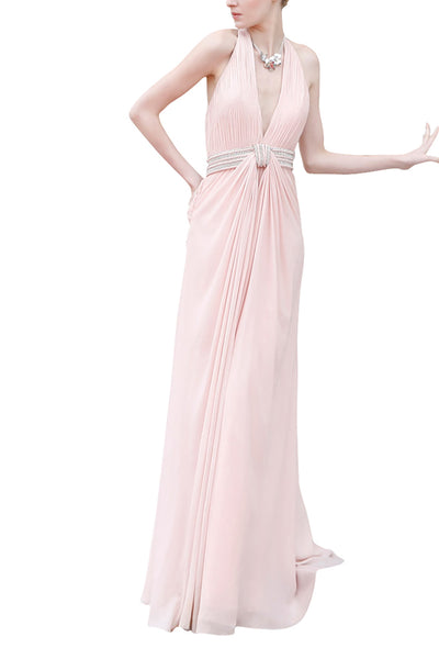 Victoria in Pink Halter Natural Waist Chiffon Evening Dress (80832) - weddingdress-elliotclairelondon