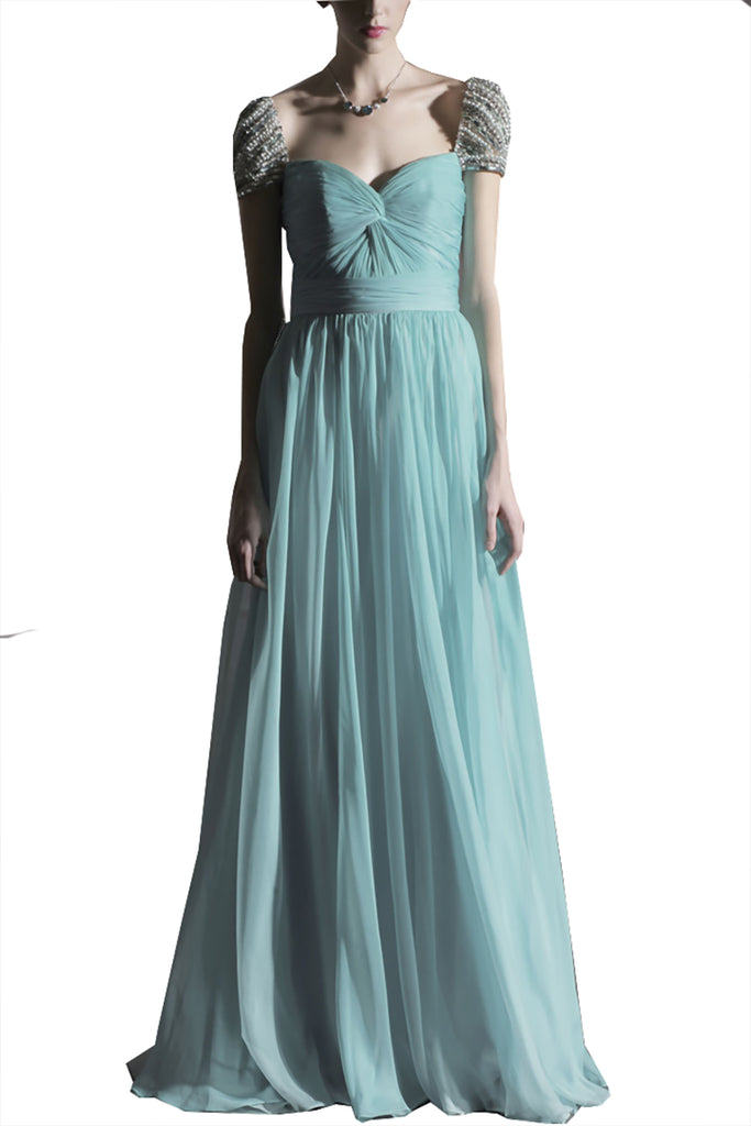 Teal Chiffon Grecian Evening Dress With Silver Jewels 80951 Weddingdress Elliotclairelondon 