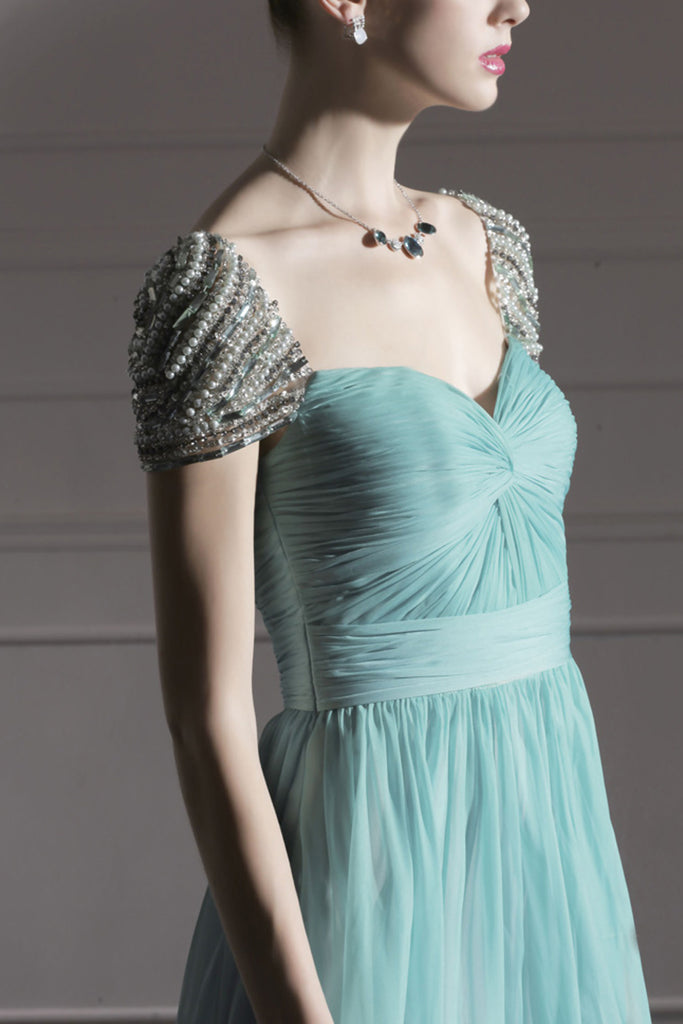Teal Chiffon Grecian Evening Dress With Silver Jewels (80951) - weddingdress-elliotclairelondon