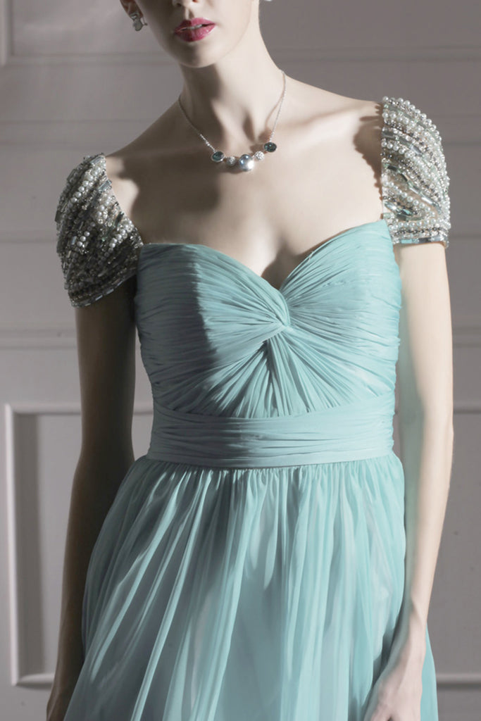 Teal Chiffon Grecian Evening Dress With Silver Jewels (80951) - weddingdress-elliotclairelondon