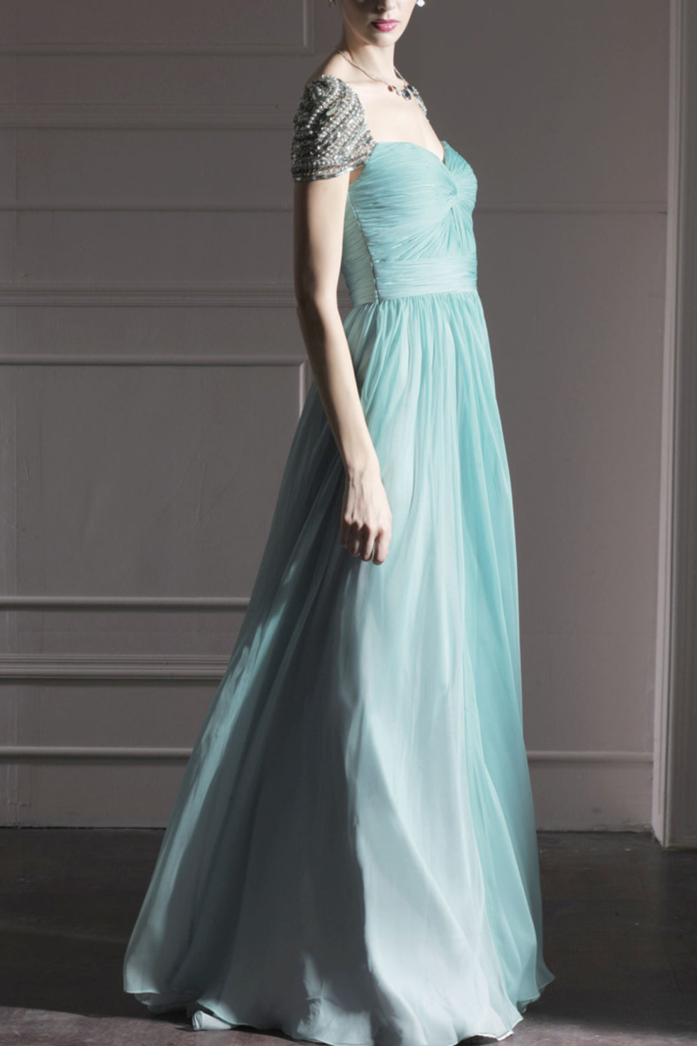 Teal Chiffon Grecian Evening Dress With Silver Jewels (80951) Teal Chiffon Grecian Evening Dress With Silver Jewels (80951)
