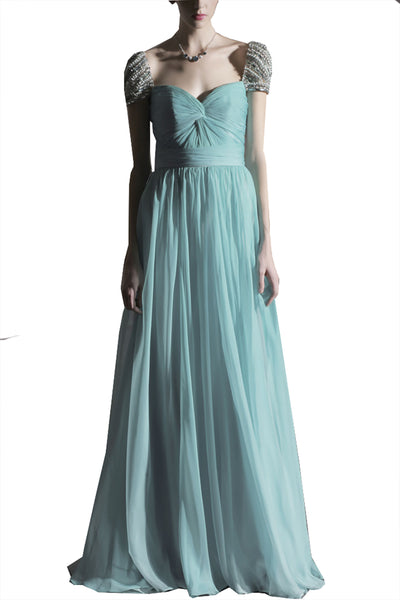 Teal Chiffon Grecian Evening Dress With Silver Jewels (80951) - weddingdress-elliotclairelondon