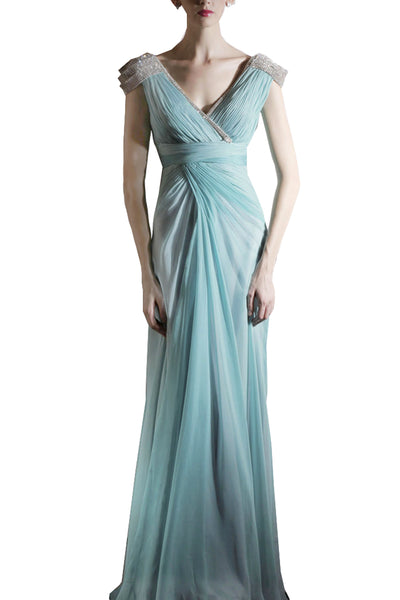 Soft Green Chiffon Evening Dress With Silver Embellishments  (80985) - weddingdress-elliotclairelondon