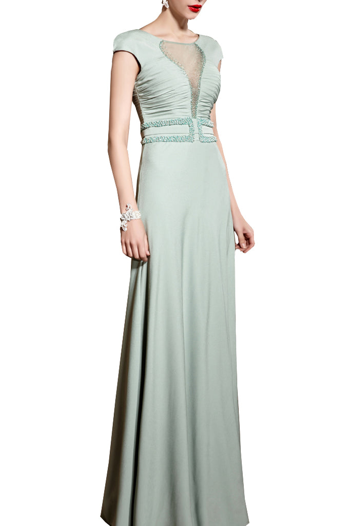 Bow Neck Light Cap Sleeved Green Evening Dress  (82006) - weddingdress-elliotclairelondon
