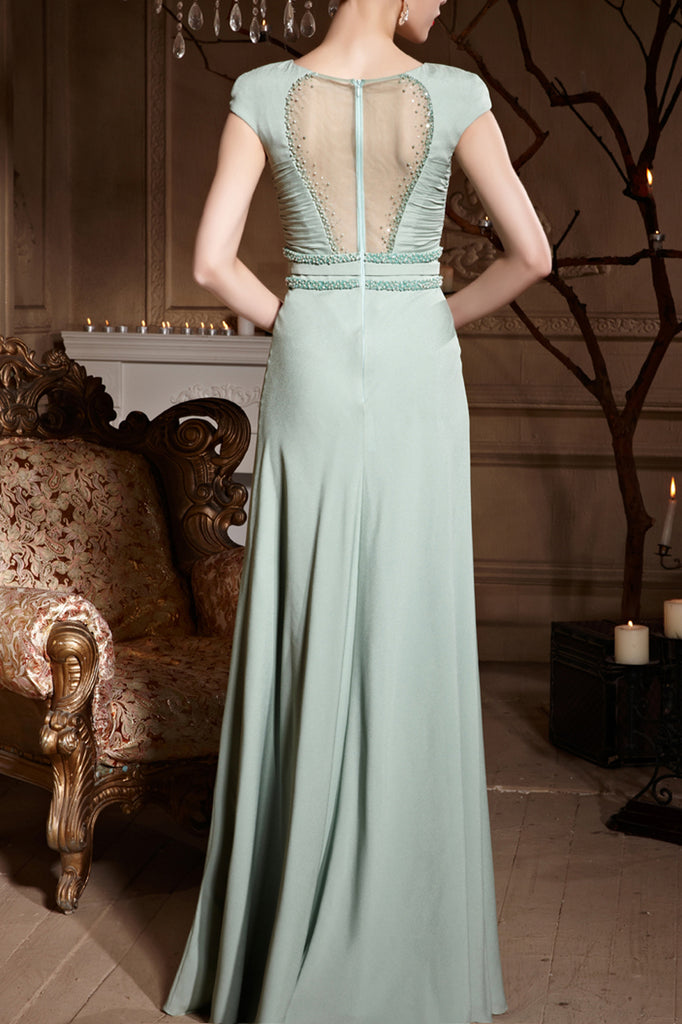 Bow Neck Light Cap Sleeved Green Evening Dress  (82006) - weddingdress-elliotclairelondon