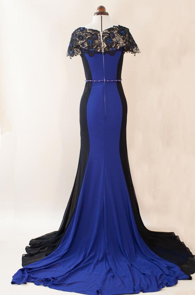 Inna in Trumpet Black and Blue Evening Dress with Cap Lace Sleeves with Train US4