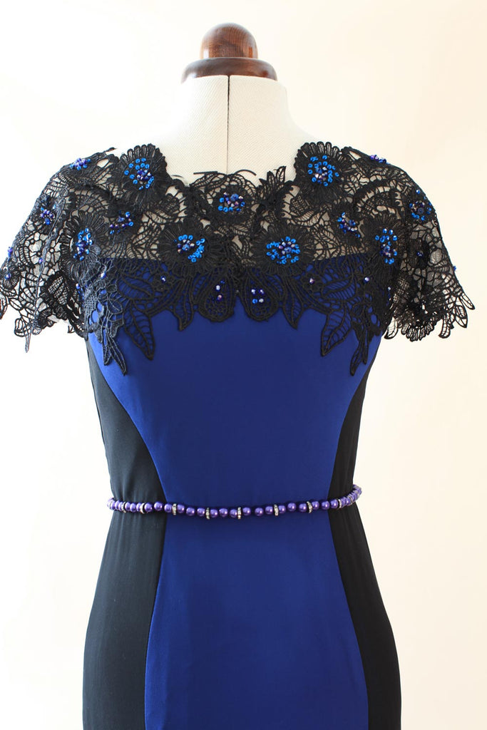 Inna in Trumpet Black and Blue Evening Dress with Cap Lace Sleeves with Train US4