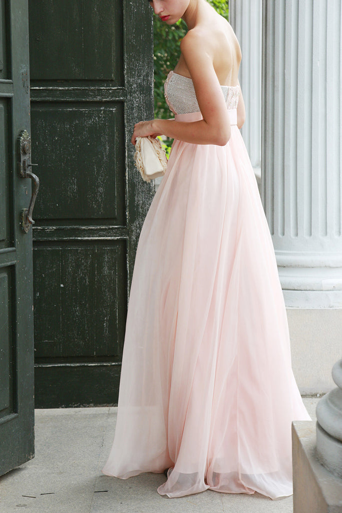 Pink Strapless Empire Dress with Embellished Bodice (80592) - weddingdress-elliotclairelondon