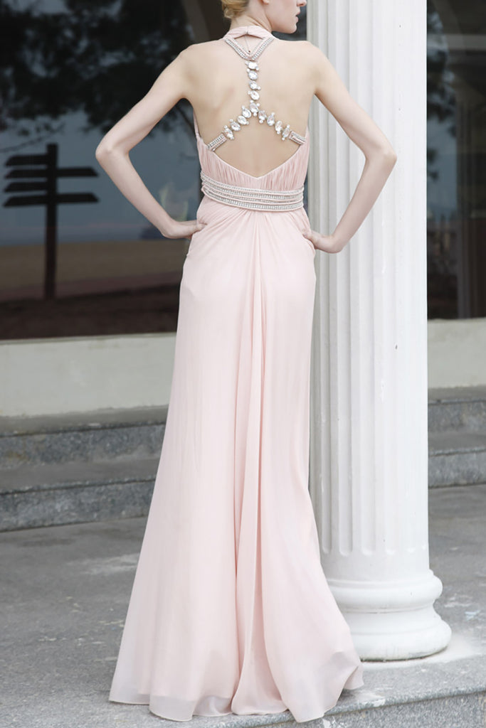 Victoria in Pink Halter Natural Waist Chiffon Evening Dress (80832) - weddingdress-elliotclairelondon