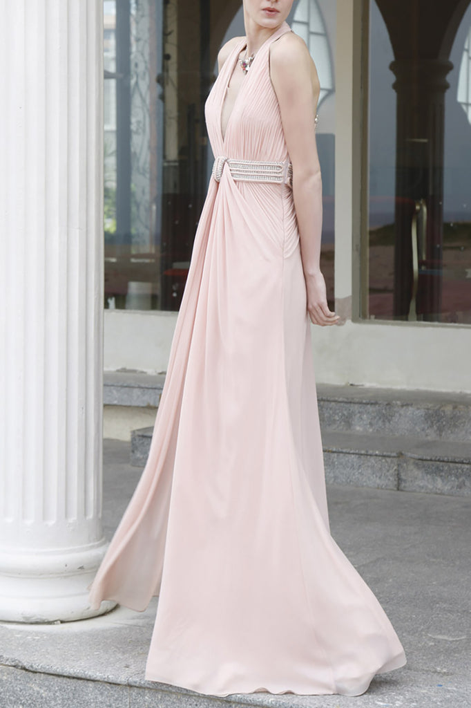 Victoria in Pink Halter Natural Waist Chiffon Evening Dress (80832) - weddingdress-elliotclairelondon