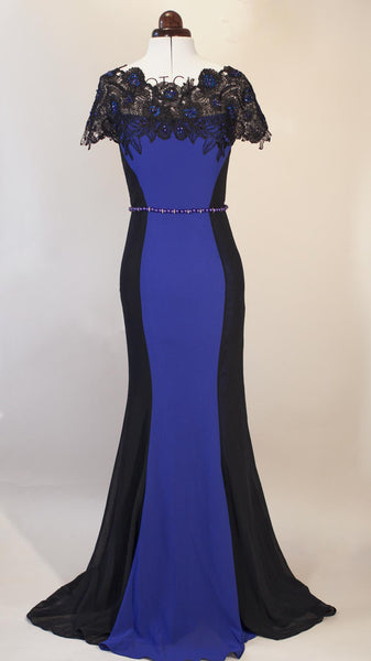 Inna in Trumpet Black and Blue Evening Dress with Cap Lace Sleeves with Train US4